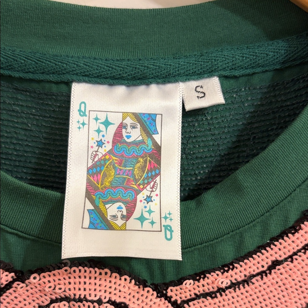 QUEEN OF SPARKLES Green Sleeveless Dress with Pink Sequin Label - Picture 2 of 13